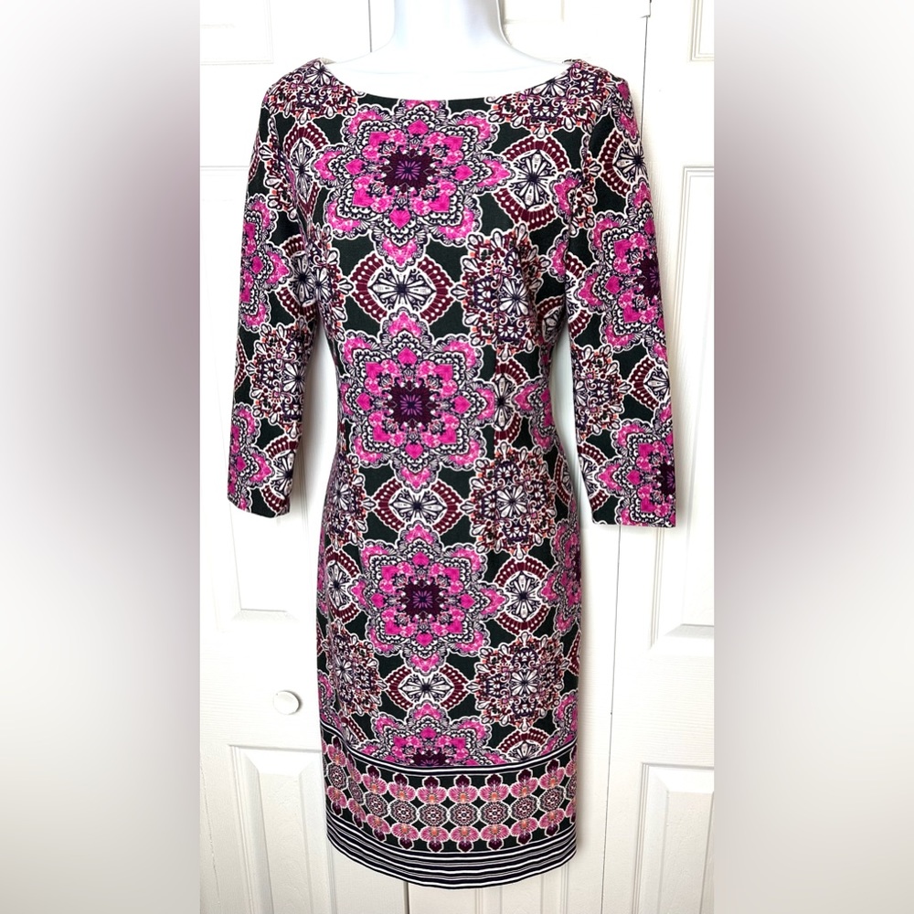 ELIZA J Medallion Shift Sheath Dress Pink Purple Gold Exposed Zipper Workwear